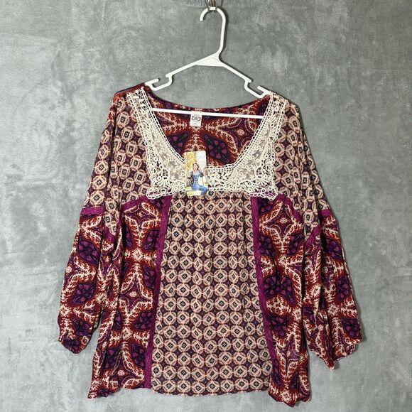 NWT Bila Peasant Tunic Plus 2X Woven Boho 3/4 Sleeve Top Semi-sheer Fuschia $68 - Picture 2 of 11